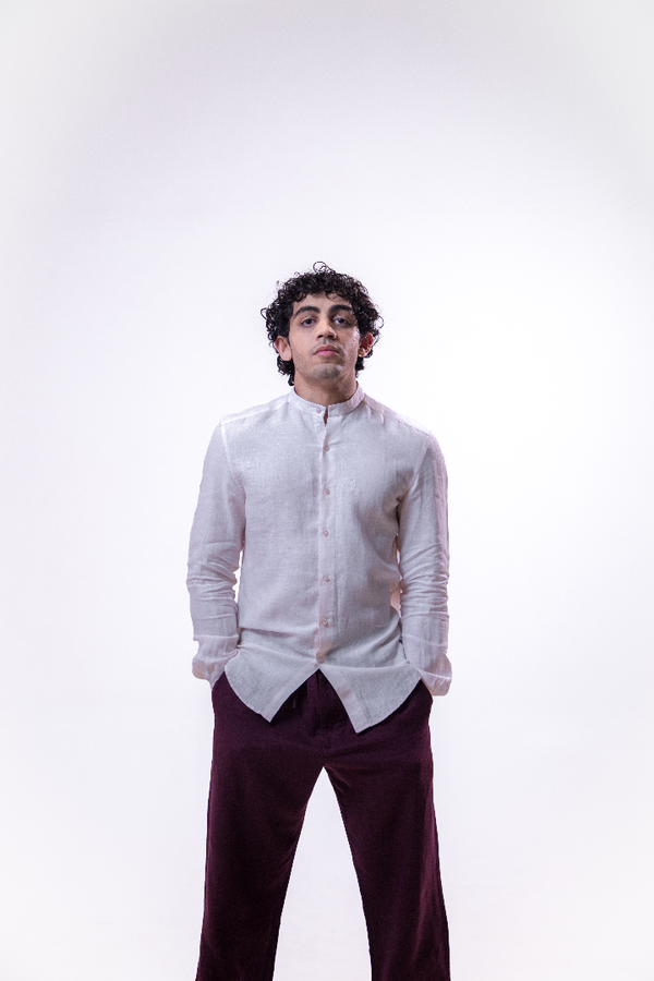 100% Linen Mandarin Collar Shirt Baby Pink