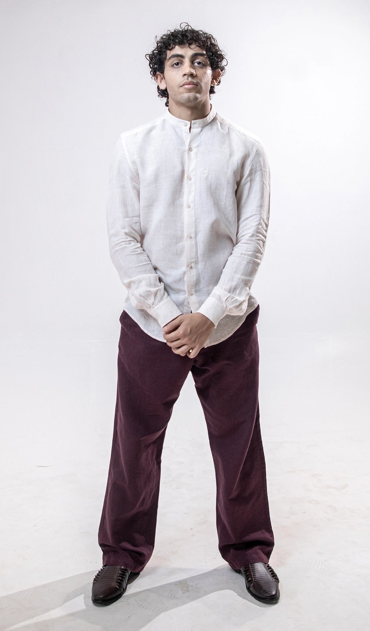 100% Linen Mandarin Collar Shirt Baby Pink