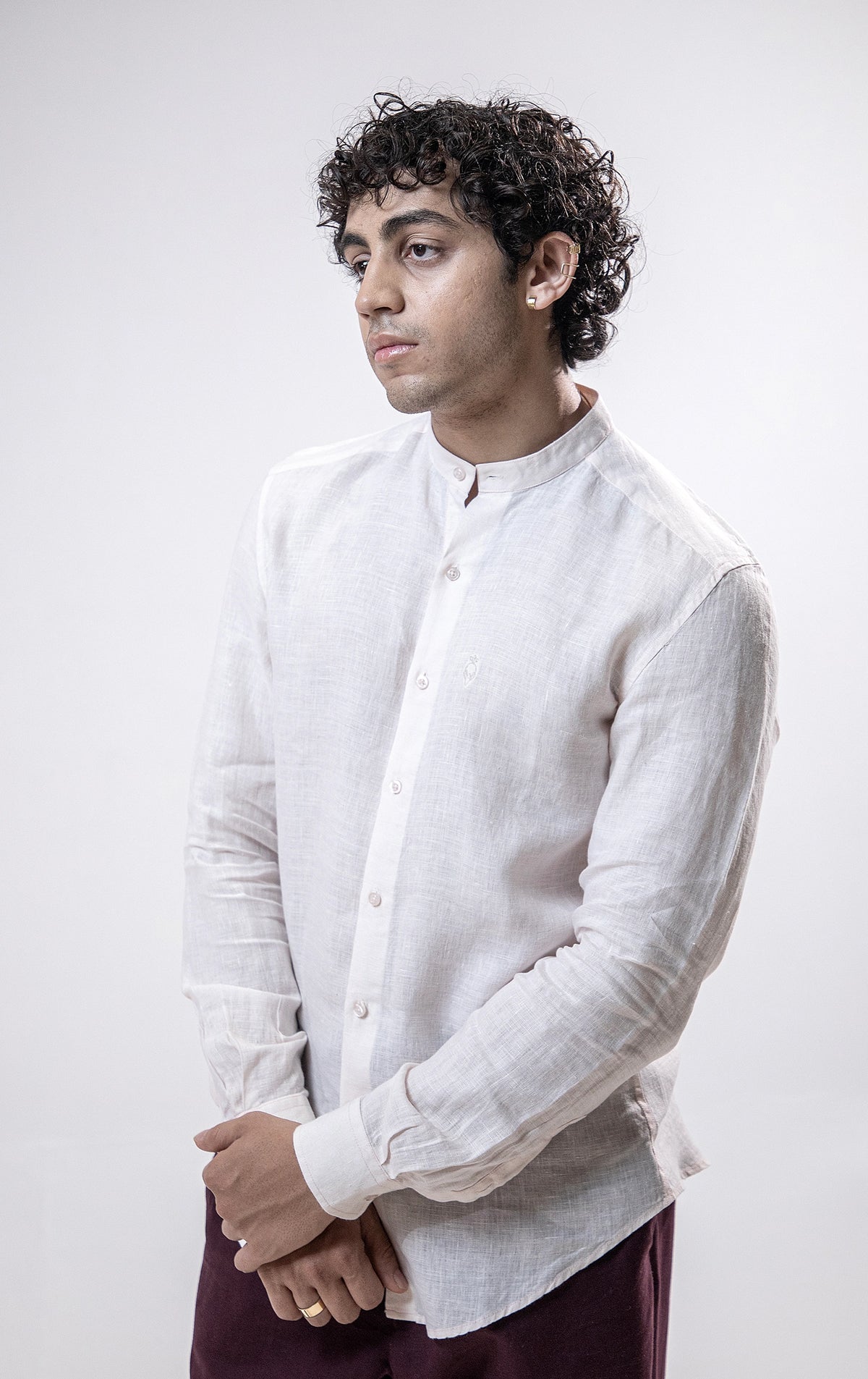 100% Linen Mandarin Collar Shirt Baby Pink
