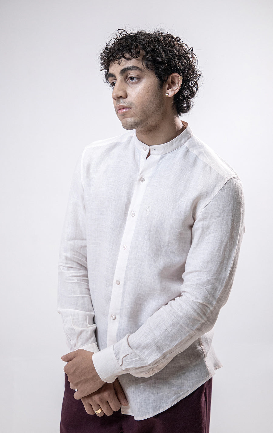 100% Linen Mandarin Collar Shirt Baby Pink