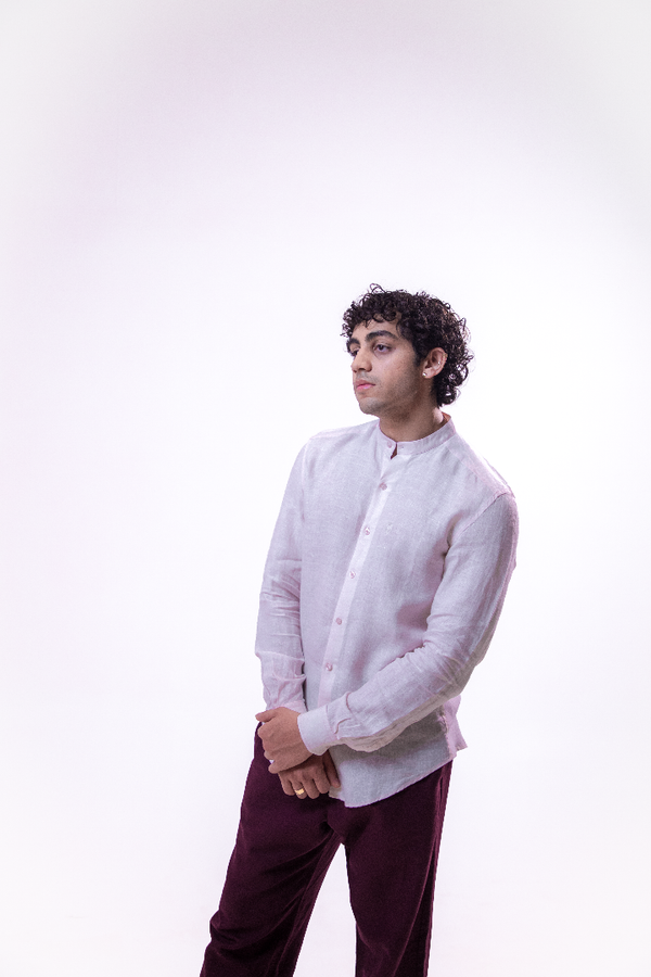 100% Linen Mandarin Collar Shirt Baby Pink