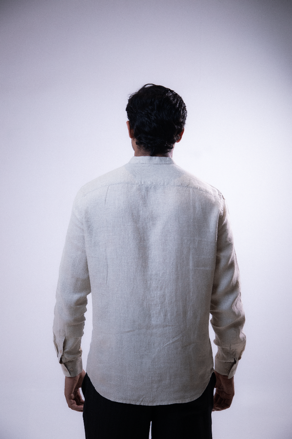 100% Linen Mandarin Collar Shirt Camel Beige
