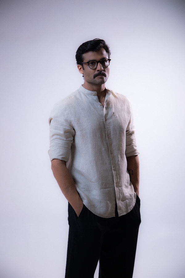100% Linen Mandarin Collar Shirt Camel Beige
