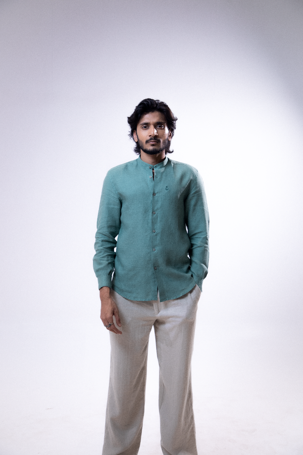 100% Linen Mandarin Collar Shirt Mint Green