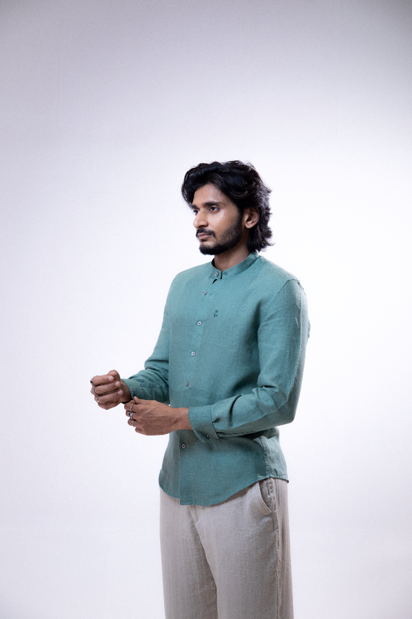 100% Linen Mandarin Collar Shirt Mint Green