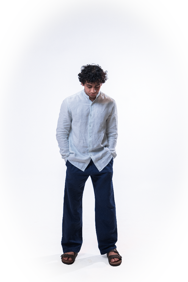 100% Linen Mandarin Collar Shirt Sky Blue