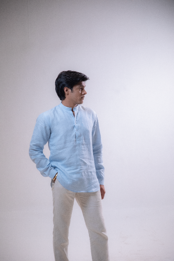 100% Linen Short Kurta Blue