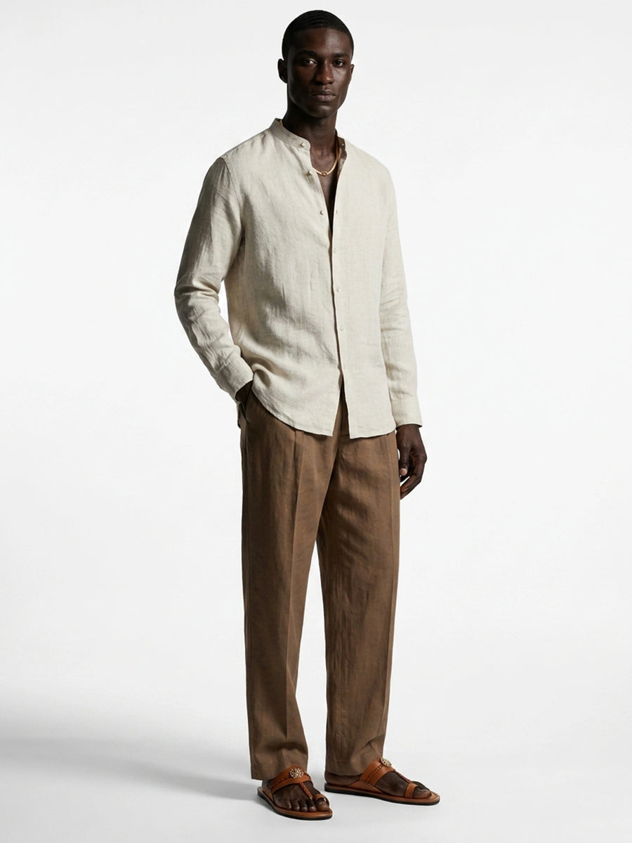 100% Linen Mandarin Collar Shirt Sand Beige
