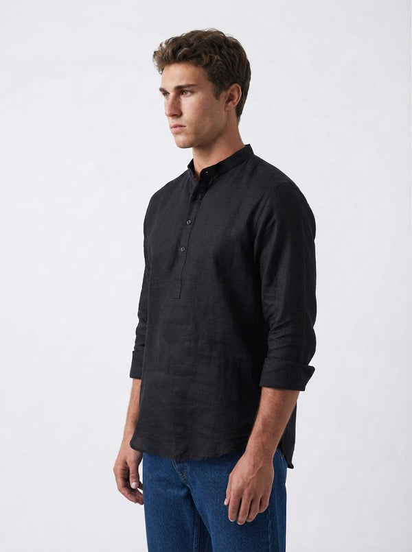 100% Linen Short Kurta Black