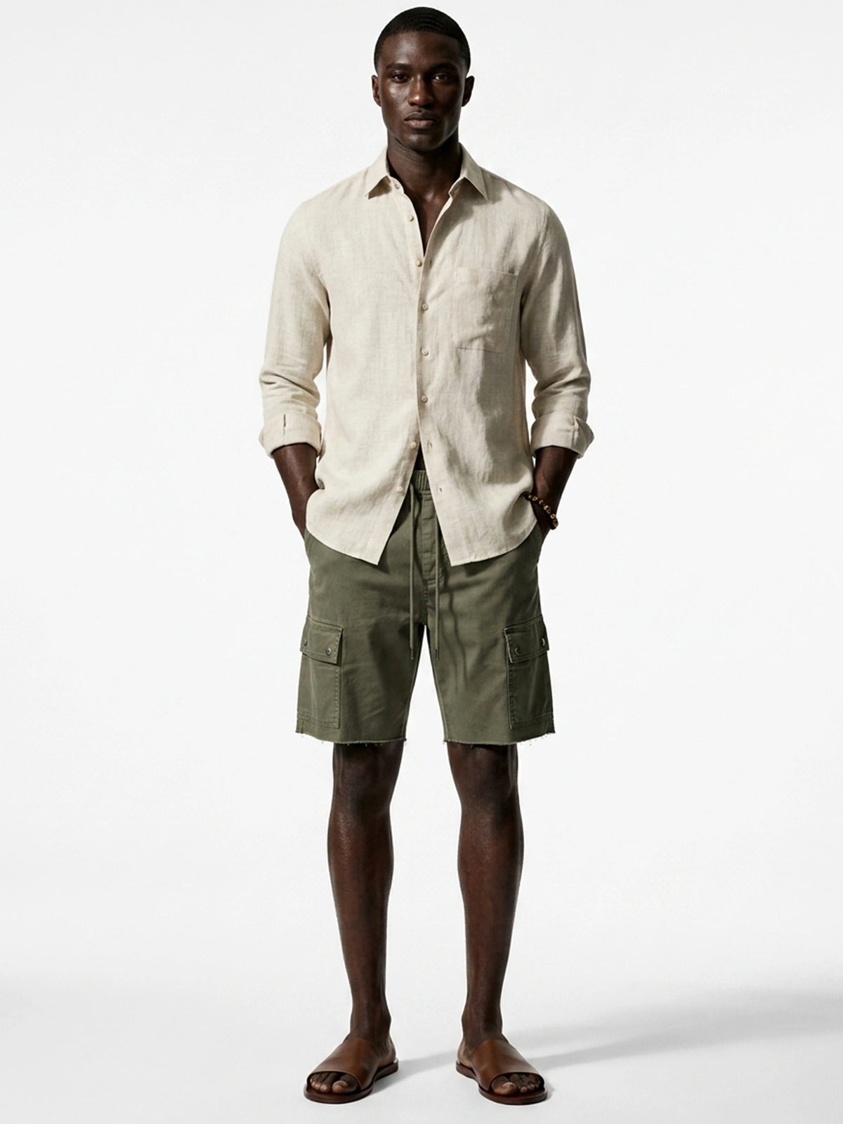 Silicon-washed 100% linen sand beige casual shirt with short soft collar