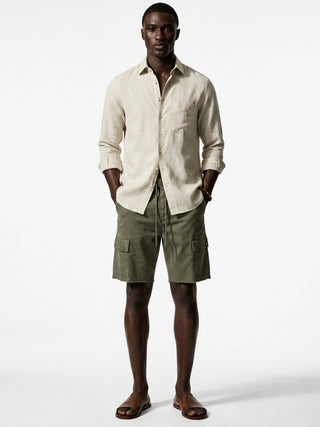 Silicon-washed 100% linen sand beige casual shirt with short soft collar