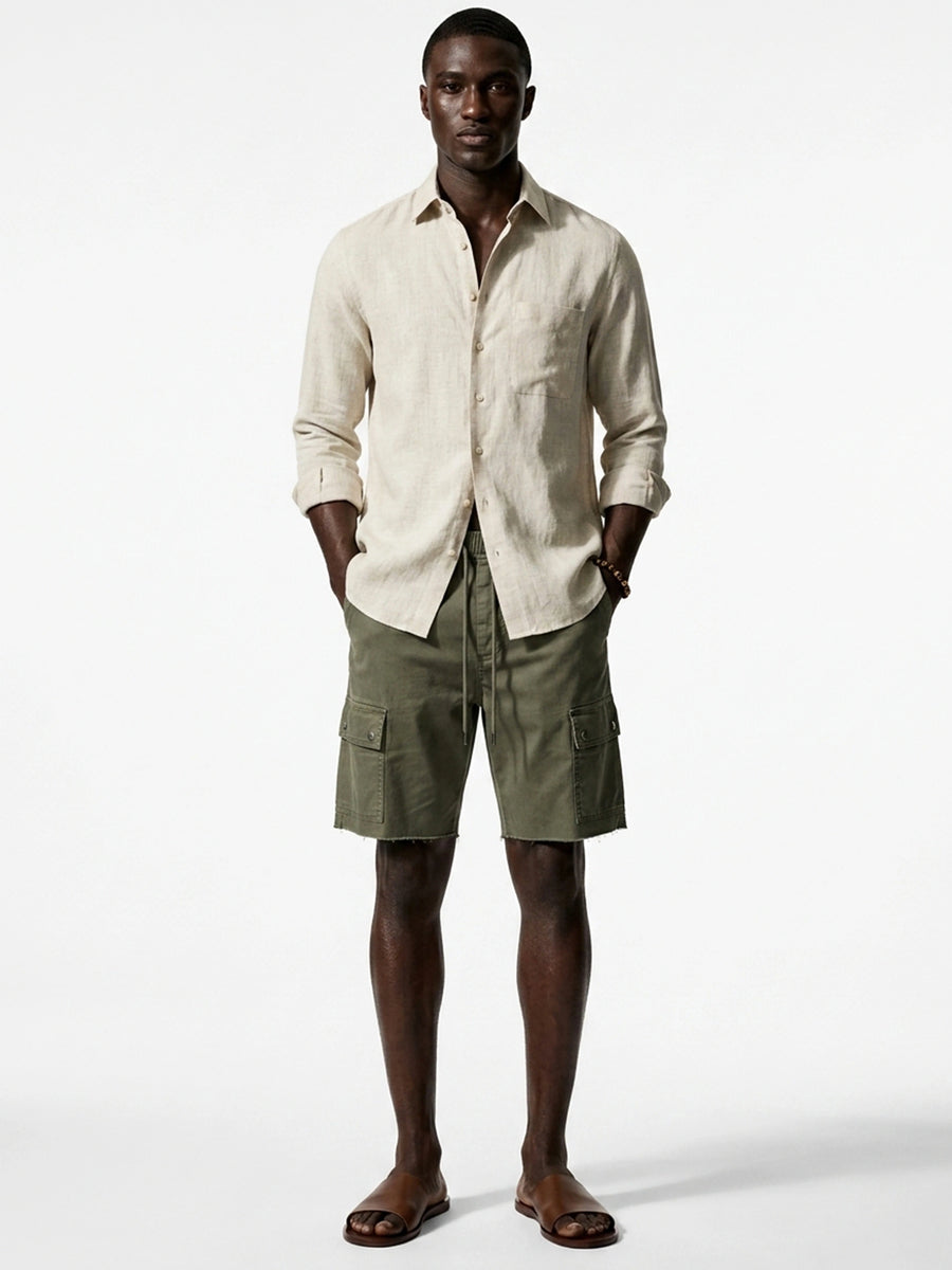 Silicon-washed 100% linen sand beige casual shirt with short soft collar