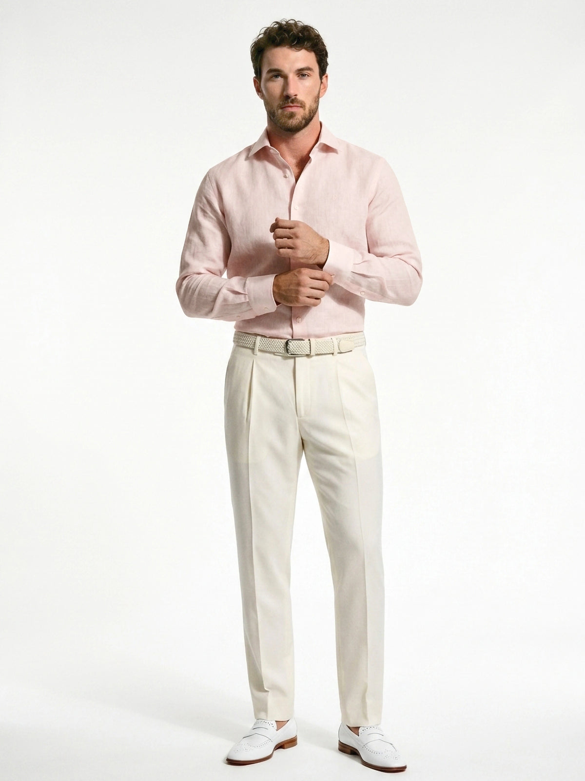 100% linen blush pink formal shirt with cut-away collar, no pocket