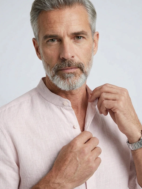 100% Linen Shirt Mandari Collar Baby Pink