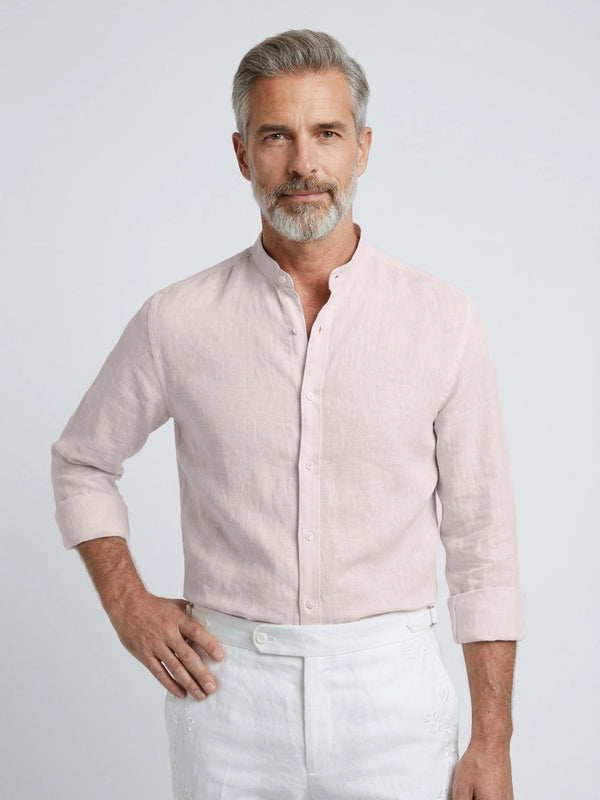 100% Linen Shirt Mandari Collar Baby Pink