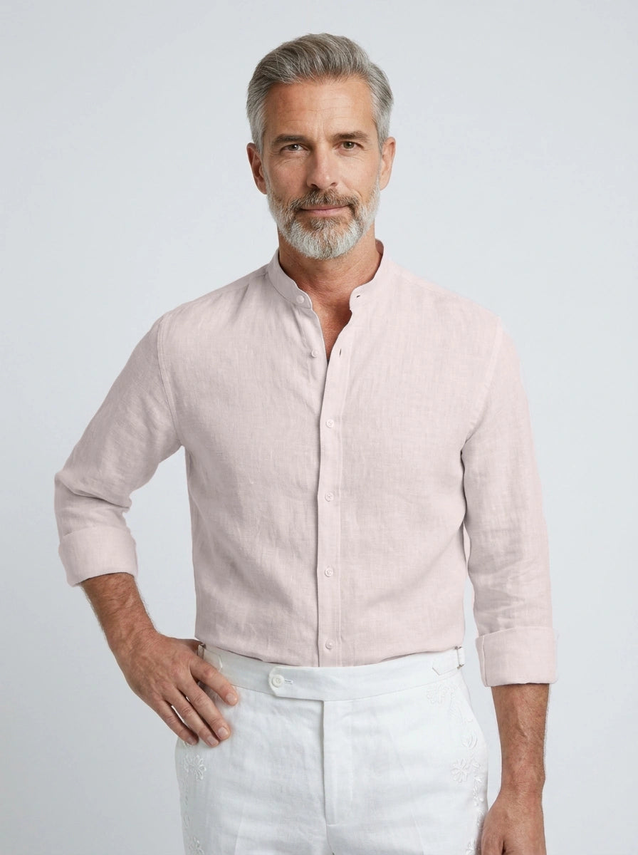 100% Linen Shirt Mandari Collar Baby Pink