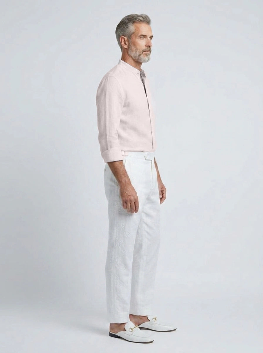 100% Linen Shirt Mandari Collar Baby Pink