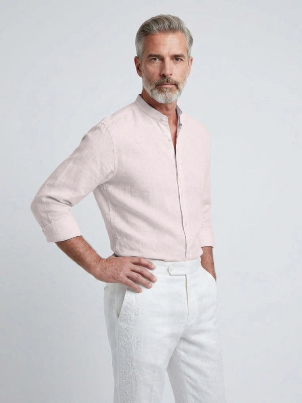 100% Linen Shirt Mandari Collar Baby Pink