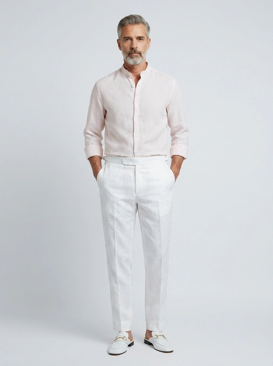 100% Linen Shirt Mandari Collar Baby Pink