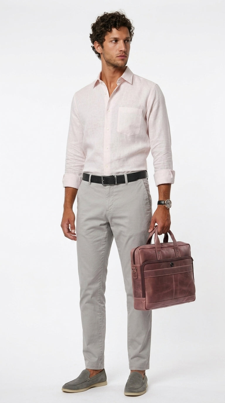 Long Collar Formal Linen Shirt With Pocket Baby Pink