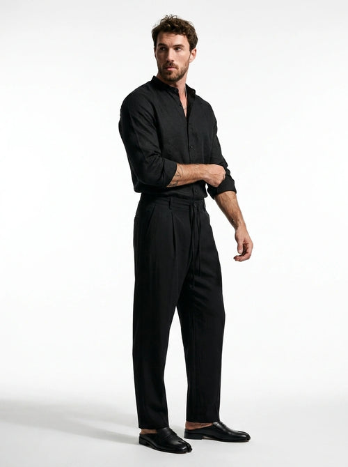 Jet Black Linen Mandarin Shirt