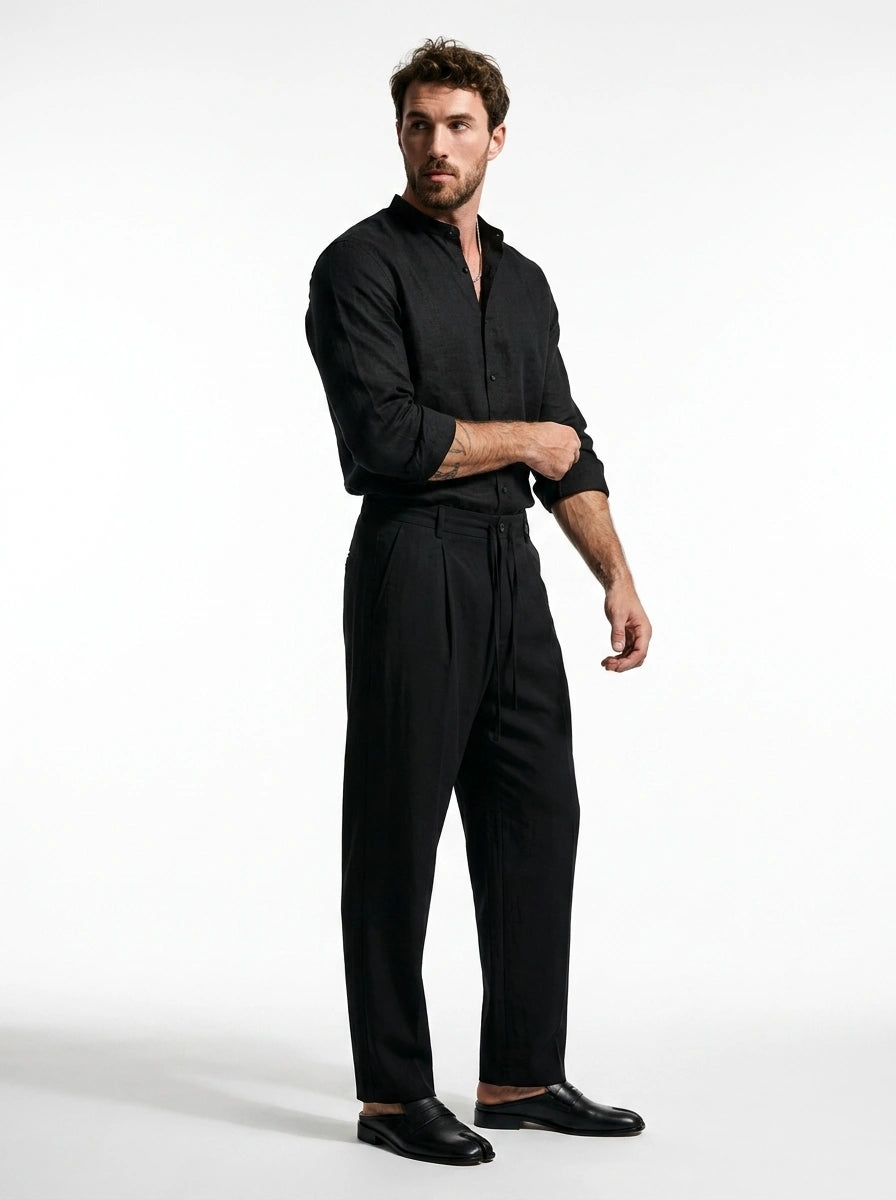 Jet Black Linen Mandarin Shirt