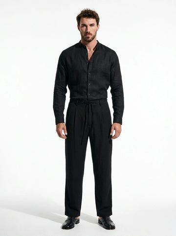 Jet Black Linen Mandarin Shirt