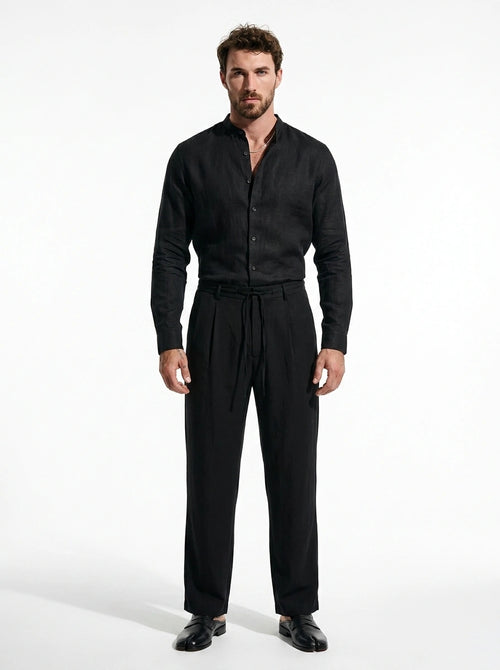 Jet Black Linen Mandarin Shirt