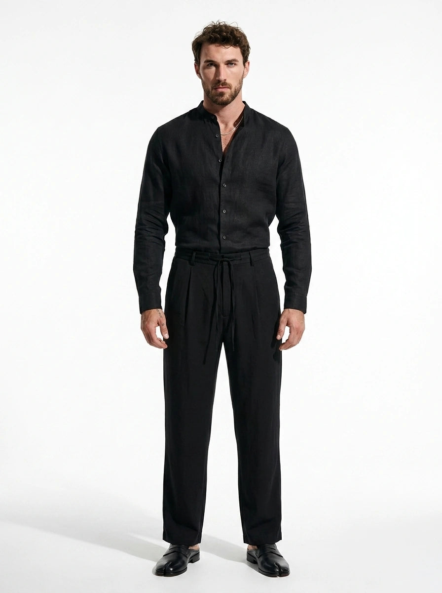 Jet Black Linen Mandarin Shirt