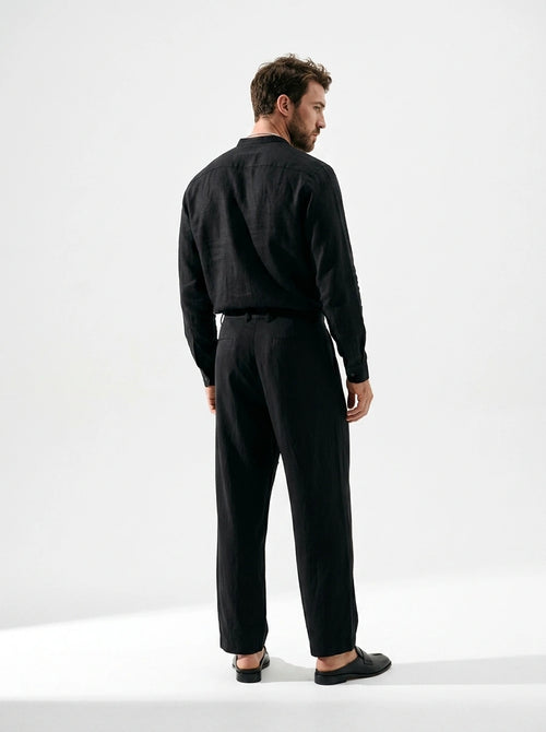 Jet Black Linen Mandarin Shirt