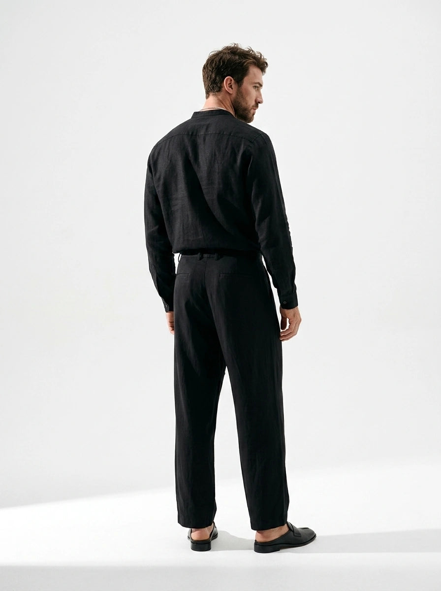 Jet Black Linen Mandarin Shirt