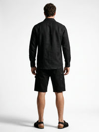 Silicon-washed 100% linen jet black casual shirt with short soft collar