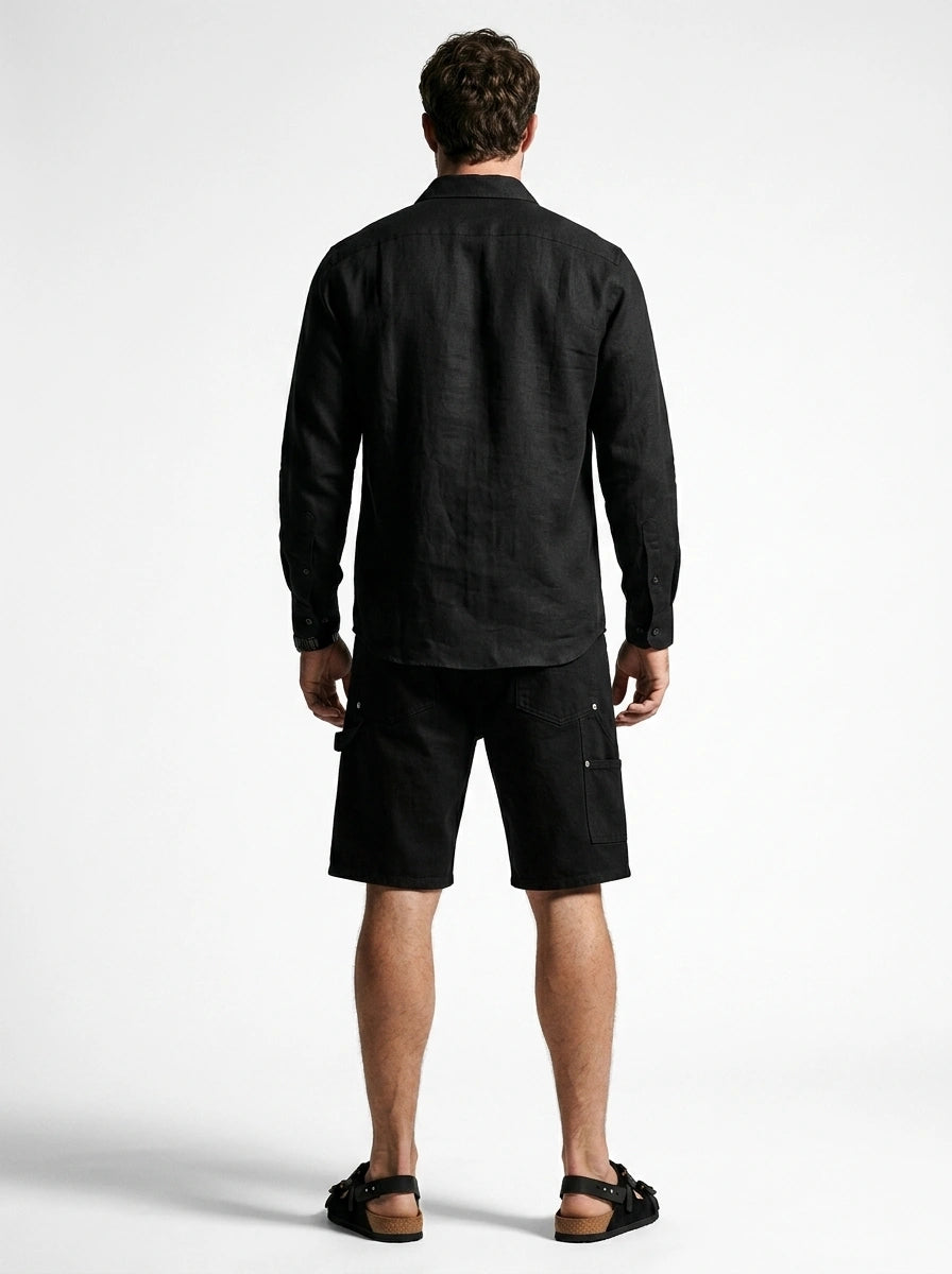 Silicon-washed 100% linen jet black casual shirt with short soft collar
