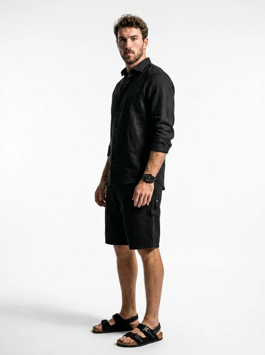 Silicon-washed 100% linen jet black casual shirt with short soft collar