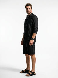 Silicon-washed 100% linen jet black casual shirt with short soft collar