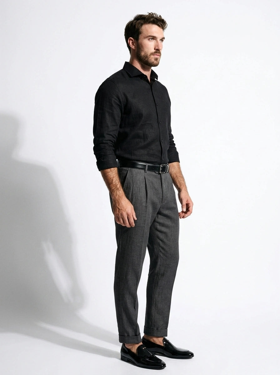 Jet Black Linen Cut-Away Shirt