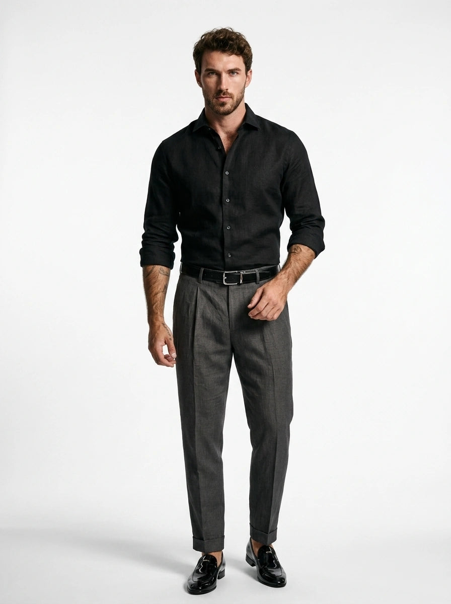 Jet Black Linen Cut-Away Shirt