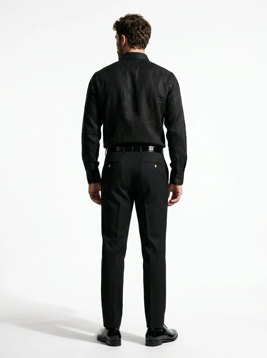 100% linen jet black formal shirt with long stiff collar and chest pocket