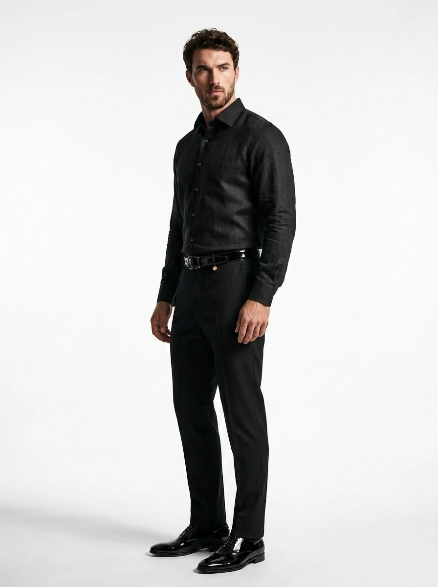 100% linen jet black formal shirt with long stiff collar and chest pocket
