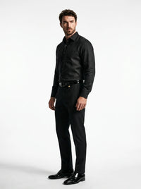 100% linen jet black formal shirt with long stiff collar and chest pocket