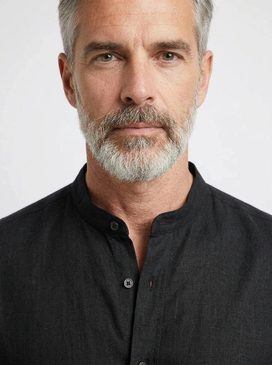 100% Linen Shirt Mandari Collar Jet Black