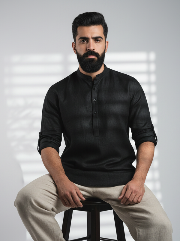 100% Linen Kurta Black
