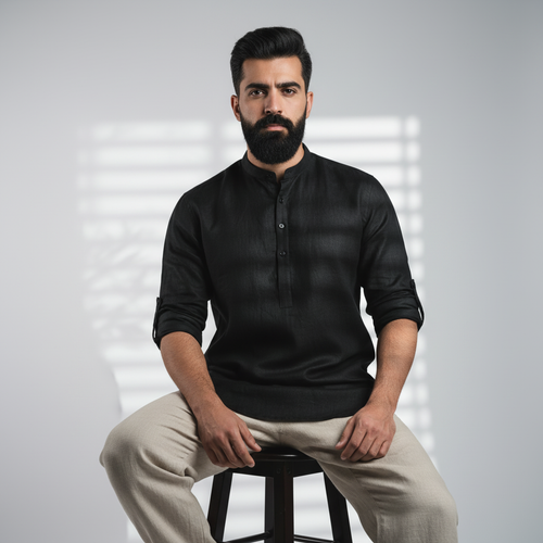 100% Linen Kurta Black