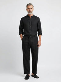 100% Linen Shirt Mandari Collar Jet Black