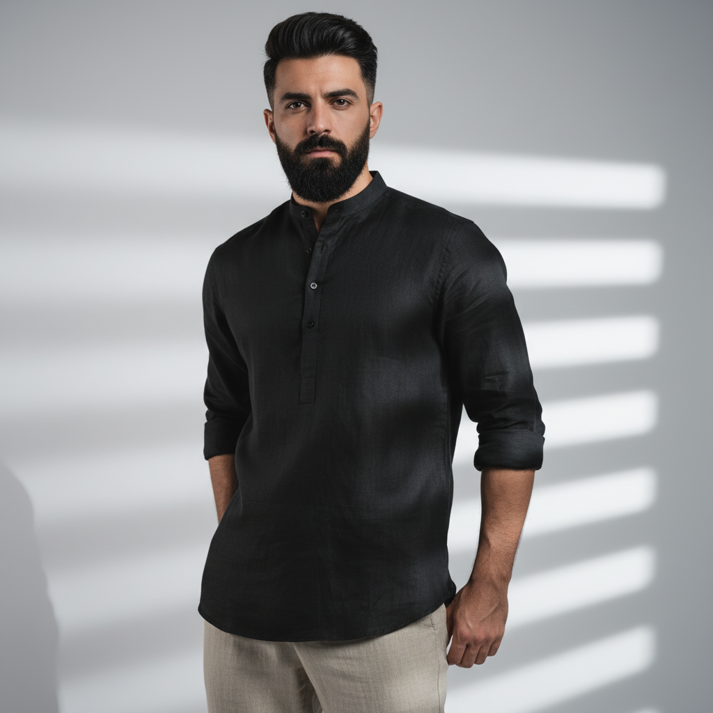 100% Linen Kurta Black