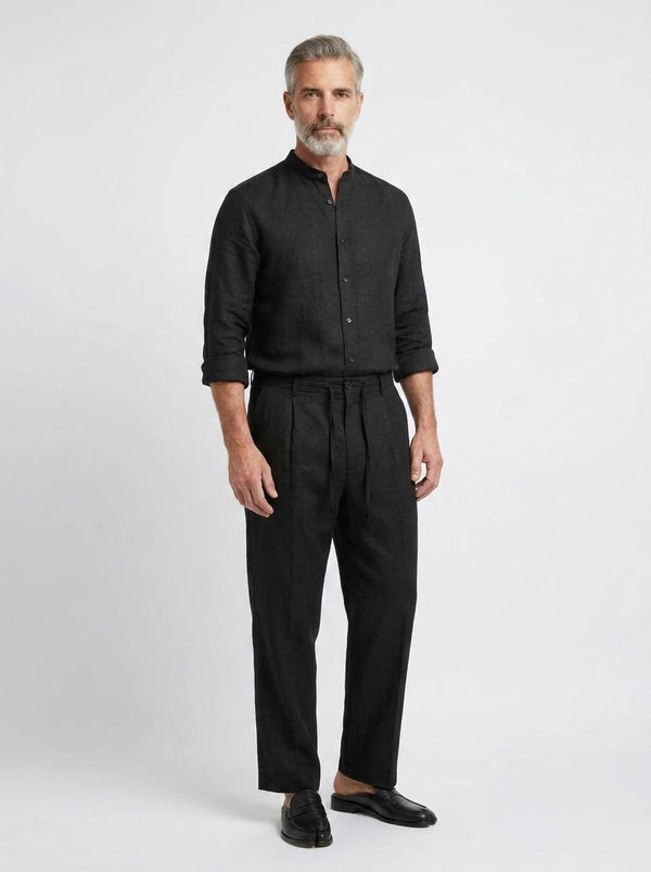 100% Linen Shirt Mandari Collar Jet Black