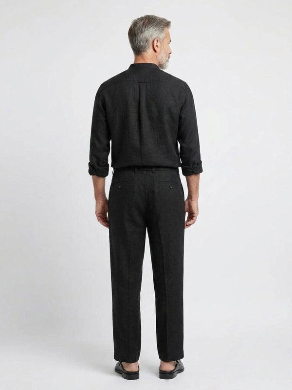 100% Linen Shirt Mandari Collar Jet Black