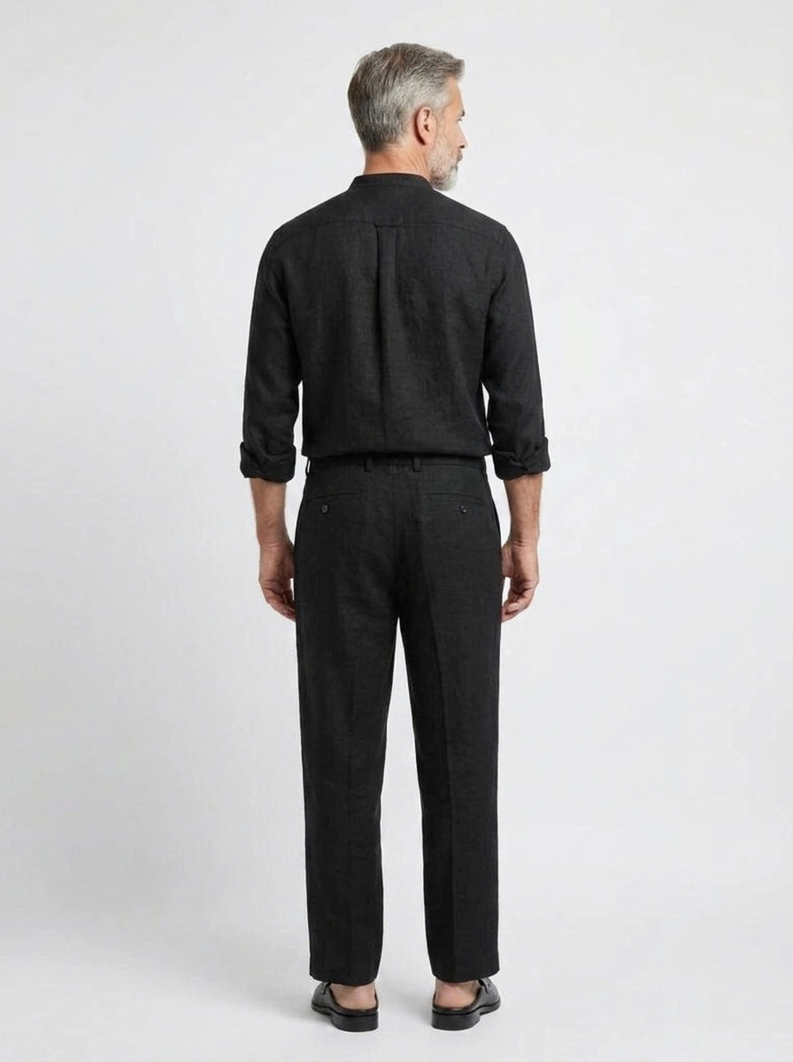 100% Linen Shirt Mandari Collar Jet Black