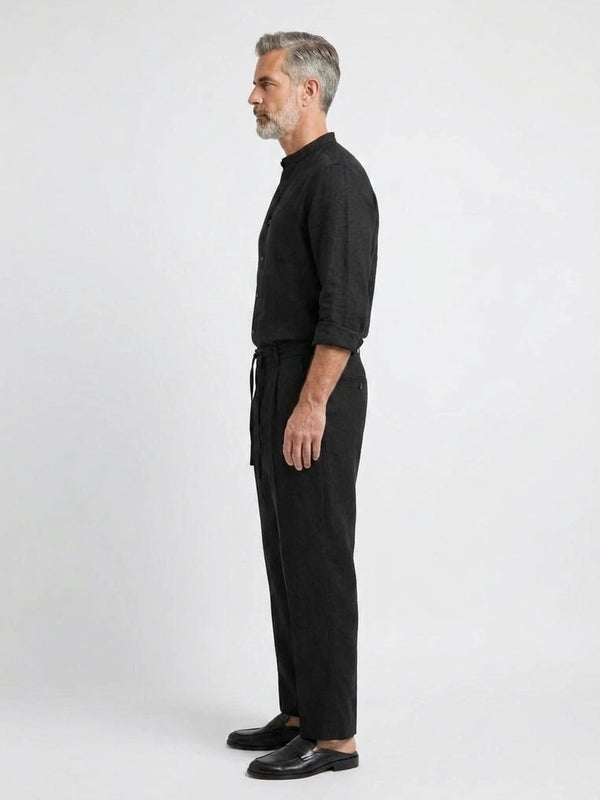 100% Linen Shirt Mandari Collar Jet Black