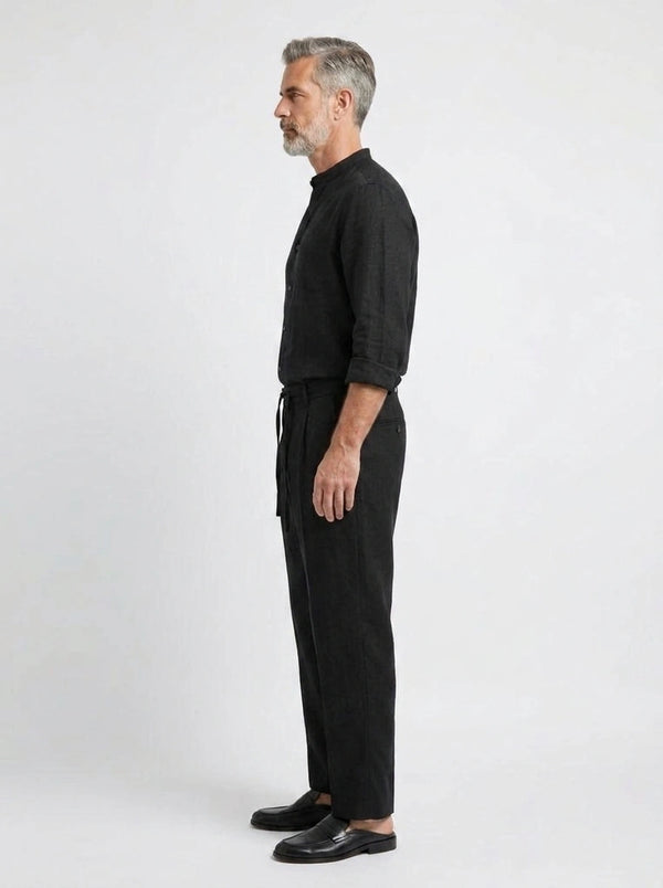 100% Linen Shirt Mandari Collar Jet Black
